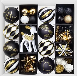 SVNVIOZ 59 Stück Weihnachtskugeln Schwarz Gold Weiß, Christbaumkugeln Kunststoff Deko Weihnachten, Bruchsicher Weihnachtsbaumschmuck mit Aufhänger, Weihnachtsbaumkugeln für Weihnachtsdeko Innen Aussen