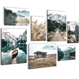 Novart Wandbilder See Berge Landschaft - KOMPLETT AUFHÄNGFERTIG - Natur Wohnzimmer Schlafzimmer - 7 Moderne Mood-Bilder - N007371a