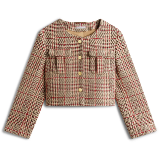 Kurzblazer TOMMY HILFIGER "TWEED LADY JACKET", Damen, Gr. 44, bunt (rot, grau check), Web, Obermaterial: 36% Baumwolle, 25% Polyester, 24% Polyacryl, 10% Wolle, 5% sonstige Fasern, kariert, hüftlang, Rundhals, Blazer Kurzblazer, mit Wolle