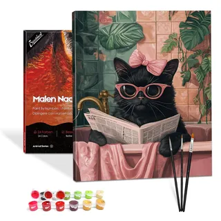 Bougimal Malen Nach Zahlen Erwachsene Tiere Mit Rahmen inklusive Pinsel und Acrylfarben - 40 x 50 cm, Lesende Katze 1