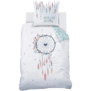 Matt&Rose TRAUMFÄNGER Bettwäsche Set 135x200 80x80 · Mädchenbettwäsche · Flanell/Biber · Dreamcatcher, Blumen & Federn - Kissenbezug 80x80 + Bettbezug 135x200 cm - 100% Baumwolle