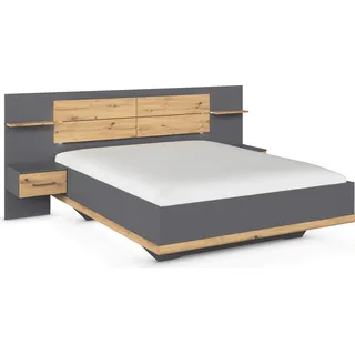 rauch Bettanlage "Bett Doppelbett Komfortbett Funktionsbett BOSTON-EXTRA" Set, Liegeflächen 160 cm oder 180 cm, 3 tlg. tlg. Mit warmer Kopfteil-Beleuchtung, 2x Hänge-Nachttische MADE IN GERMANY, graumetallic, eiche artisan