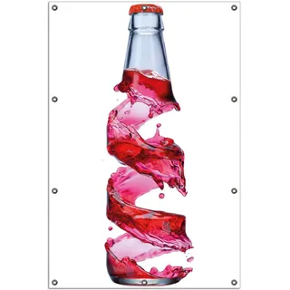 Wallario Outdoor-Poster für Garten oder Balkon, Motiv Flasche mit roter Brause - Wirbelsturm, in ca. 100 x 150 cm - Weiß