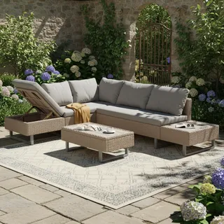 Flieks Rattan Gartenmöbel Set für 4-5 Personen, Balkonmöbel Terassenmöbel Set mit Gartentisch, Gartenlounge Set 3 Teilig, Verstellbar Sofa, Khaki - Braun