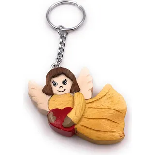 Onwomania Handmade Holz Schlüsselanhänger Engel Himmelsbote mit Herz fliegend