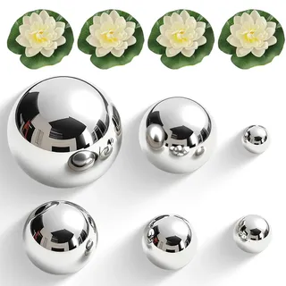 SHOWHEEL 6er Set Dekokugel Schwimmkugeln Gartenkugel mit 4 Stück Schwimmende Blumen Silber rostfrei Edelstahl, für Terrasse Garten Pool Teich