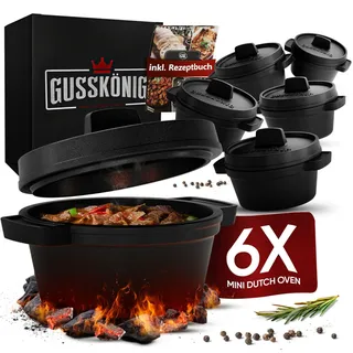 Mini Dutch Oven Set 6er Gusseisen 300 ml Ø 11 cm inkl. Rezeptbuch Feuertopf