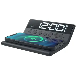 MUSE Wecker mit Ladestation für Handy – Kabelloses Laden für iPhone & Android, Weißes LED-Display, 2-stufiger Dimmer, Snooze, Netz- & Batterie-Betrieb, Schwarz