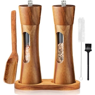 Auciej Salz und Pfeffermühle Holz Set Manuelle Pfeffermühle Keramikmahlwerk Gewürzmühle Salzmühle mit untersetzer Verstellbarem für Gewürze Pfeffer Salz 2er Set 20 cm