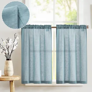 Vangao Leinenoptik Scheibengardinen Modern Küche Blau Bistrogardine 2er Set 65Bx60Hcm Küchengardinen mit Stangendurchzug für Wohnwagen Landhausstil Bauernhaus Gardinen Kurz Vorhang Lichtdurchlässig