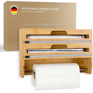 EXITOSO NEU 3 in 1 Folienschneider aus Bambus - Wandrollenhalter Küche Frischhaltefolienspender - Holz Küchenrollenhalter Wand - Küchenrollenhalterung hängend - Papierrollenhalter - Küchenrolle Halter