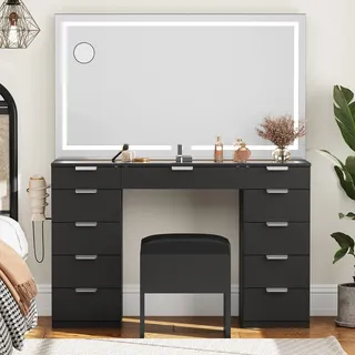 YITAHOME Große Schminktisch mit verstellbaren LED-Beleuchtung und Steckdosen,Schminktisch mit Spiegel,Frisiertisch mit 11 Schubladen mit Hocker,Schwarz