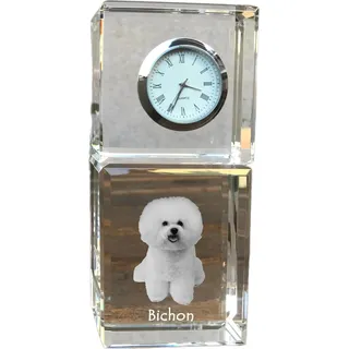 Bichon Frise, Gelockter Bichon, Tenneriffahündchen - Kristalluhr mit Foto, Hundebild im Kristall, personalisierte Schreibtischuhr von Art-Dog.