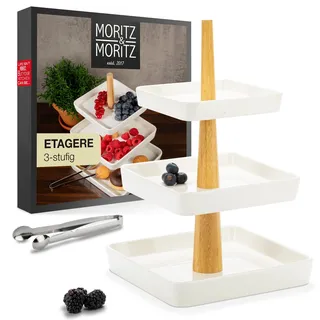 Moritz & Moritz Obst Etagere 3 Etagen - Inkl. Zange - Aus hochwertigem Porzellan - Moderne Küchen Deko oder Party Deko - Perfekt als Obstschale für Obst Aufbewahrung, Muffins und Cupcakes