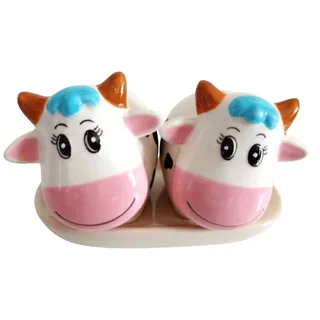 Unbekannt Salz und Pfefferstreuer Set - KUH CARTOON mit weißem Untersetzer - Keramik - Wuerzstreuer