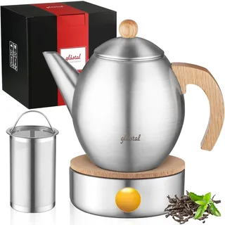 glastal 1200ml Silberne Teekanne Edelstahl mit Siebeinsatz und Doppelwandige Kanne mit Decke, Thermo Teekanne mit Stövchen Lange Wärmespeicherung – das ideale Geschenk für Teekenner