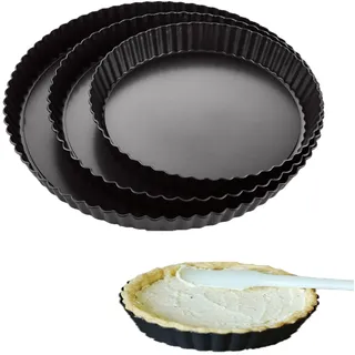 AKOLAFE 3 Stück Quicheform mit 3 Größen Tarteform mit Hebeboden Ø 20 cm 24 cm und 28 cm Antihaftbeschichtete Tortenboden Backform Rund Obstkuchenform Karbonstahl für Quiche, Tarte, Pie