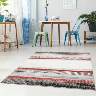 Carpet City Teppich Wohnzimmer Modern - 80x150 cm Grau Rot Meliert - Kurzflor Teppiche mit Geo-Muster