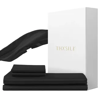 THXSILK Seidenbettwäsche Set 2 teilig,Bettbezug 155 x 220 cm und 40 x 80 cm Kissenbezug, Luxus Seide Bettwäsche Set, Super Weich und Glatt, Schwarz