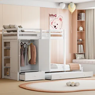 okwish Etagenbett Stockbett 90x200cm mit Ausziehbett 90*190cm, Hochbett mit Rausfallschutz, Massivholzbett Kinderbett Bettgestell mit Kleiderschrank, Schubladen und Ablagefach, weiß - Weiß