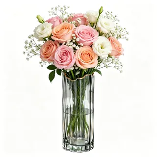 Klarglasvase, Glas Glasvase für Tischdeko, Gerippte Glasvase Gross Blumenvase, Durchsichtig Blumenvase Modern für Deko Wohnzimmer Home Decor Blumenstrauß Bauset (Grau Gold)