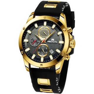 MEGALITH Herrenuhr Schwarz Sportlich Chronographen Herren Armbanduhr Gold Groß Wasserdicht Analog Uhren fur Männer Gummi Uhr Designer Modisch Leuchtende Datum