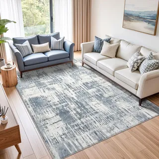 Tinyboy-hbq Waschbarer Teppich Wohnzimmer 160x200cm, Teppich Schlafzimmer Kurzflor Moderner rutschfest Grau Weich Groß Blau