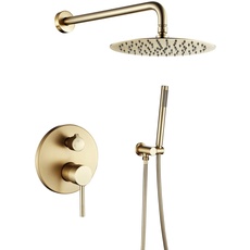 Duschsystem Unterputz Gebürstetes Gold Duschset Dual Funktionen Duscharmatur Set Mit Regendusche, Handbrause, 25X25cm Runder Regenduschkopf, Messingkörper, Wandmontage