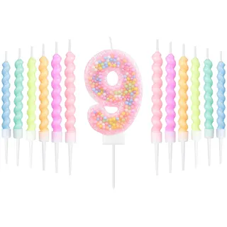 mciskin Macaron zum 9. Geburtstag Kerzen Set,zum 9th Geburtstag Dekoration für Mädchen,rosa Zahl 9 Kerzen und 12 spiralen Party Kerzen für Kuchen,Regenbogen Kuchenaufsatz für Macaron Party Dekoration