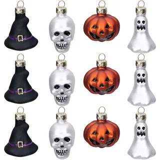 Watayo Halloween-Dekorationen, Glas-Hängende-Ornamente mit Kürbis, Geist, Totenkopf, Hexenhut für Halloween, Party, Weihnachtsbaum, Heimdekoration, 12 Stück