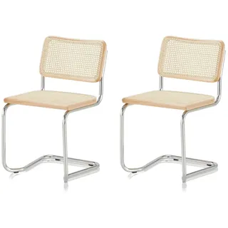 KHG 2er-Set Schwingstühle Freischwinger Chrom Made in Italy, für Esszimmer | Rückenlehne und Sitzfläche aus Massivholz Buche und Rattan, Esszimmerstuhl, Küchenstuhl Designstuhl mit Wiener Geflecht
