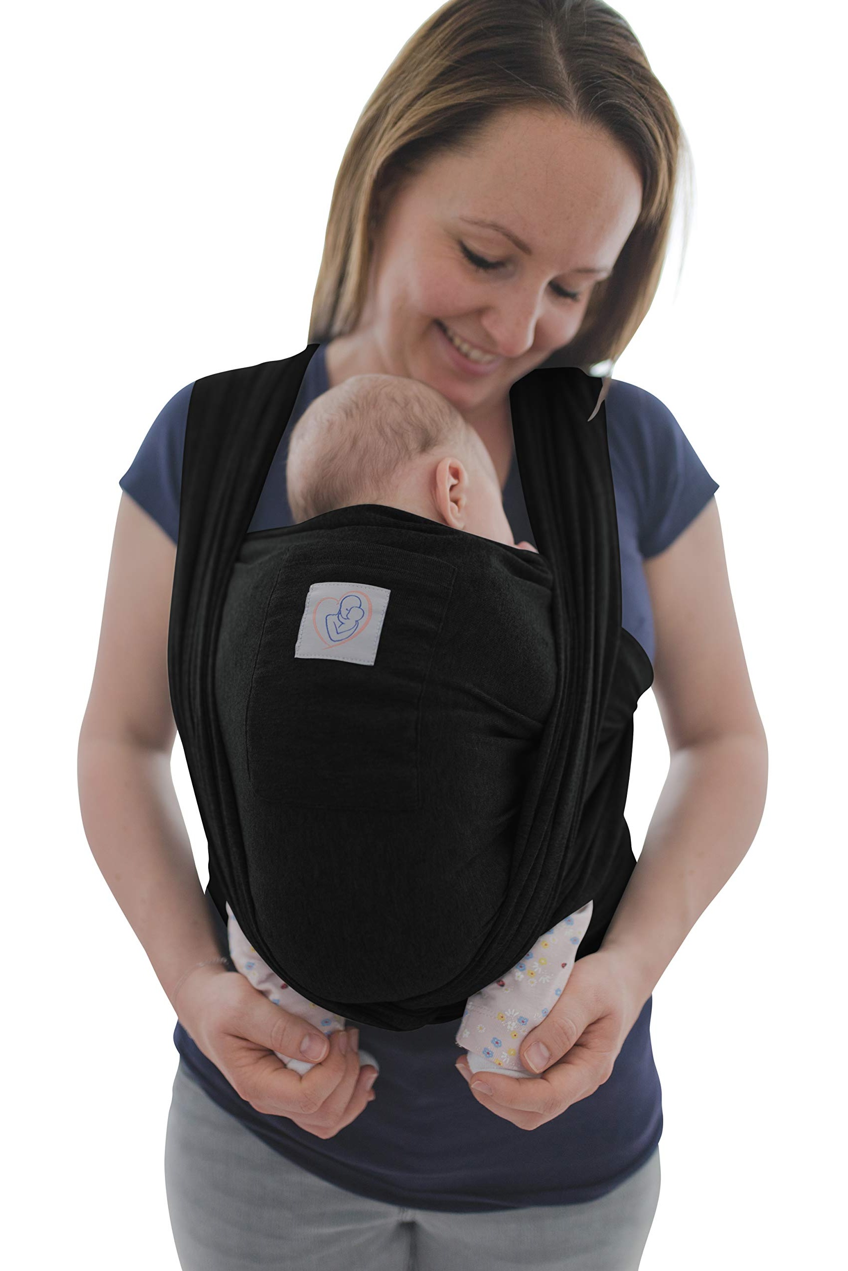 Bild von Babytragetuch mit Vordertasche inkl. Baby Wrap Carrier Tasche und Anleitung - langes elastisches Tragetuch für Früh- und Neugeborene Kleinkinder (Schwarz)