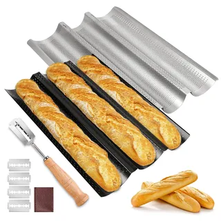 BORDEAG Baguette Backform, 2er Set Baguetteblech für 3 Baguettes mit Bäckermesser, Antihaftbeschichtung Baguette-Backblech, Baguette Blech, Brot Backen Zubehör, 38x24cm