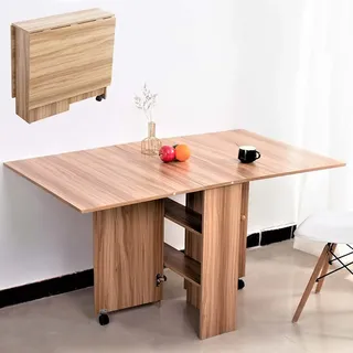 BAKAJI ZFT-2 Multifunktionaler PC-Tish, Mobiler Klapptisch, Klappbarer Esstisch Geeignet für kleine Räume mit 2 Ablagen für Esszimmer und Küche, Roteiche, 140 x 80 x 74 cm