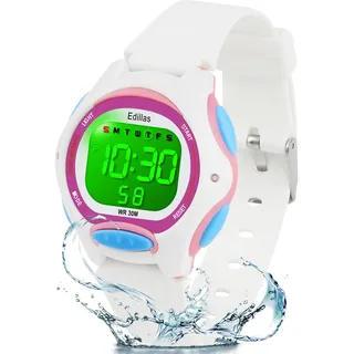 Edillas Kinderuhr Analog für Jungen Mädchen,wasserdichte Armbanduhr Jungen Mädchen Kinder Kleinkind zum Leicht zu lesen Lernen Zeitschule mit Weichem Riemen Lernen Uhren (Weiß-Grün)