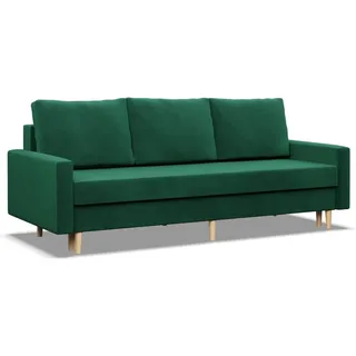 mebligo - Sofa mit Schlaffunktion und Bettkasten Blank, 3 Sitzer Sofa 212 cm Breit, Schlafsofa, Ausziehbares Couch auf Holzfüßen, Schlafcouch Flaschengrün