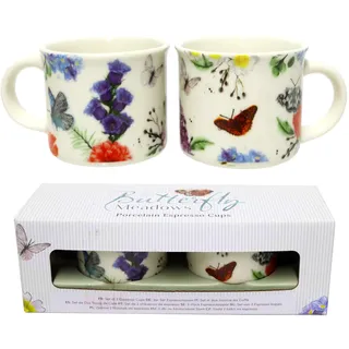 Puckator - Set mit zwei Kaffeetassen aus Porzellan mit Schmetterlingen, Tieren - Original Englisches Design Butterfly Meadows - Espresso Cup