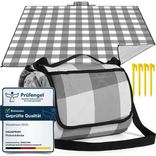 HAUSPROFI Picknickdecke 200x200cm, wasserdicht & isoliert - XXL Outdoor Decke für Picknick, Strand, Garten. Campingdecke mit Baumwolle gepolstert, Inkl. Tragegriff & Heringe, Grau/Weiß Kariert