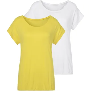 Kurzarmshirt VIVANCE "mit Gummizug im Bund", Damen, Gr. 32/34, gelb (gelb, creme), Jersey, Obermaterial: 95% Viskose (LENZINGTM ECOVEROTM), 5% Elasthan, unifarben, Basic, Basic normal, Rundhals, Shirts Kurzarmshirt, aus elastischem Viskose Jersey, sommerlich leicht