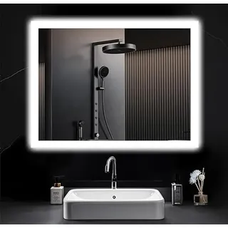 PESENXAN Badezimmerspiegel mit Beleuchtung 80x60, LED Bad Spiegel mit Licht, Antibeschlag, 2 Lichtfarben, 3000K / 6500K, Druckknopfschalter, Explosionsgeschütztes Glas, LED Spiegel Bad
