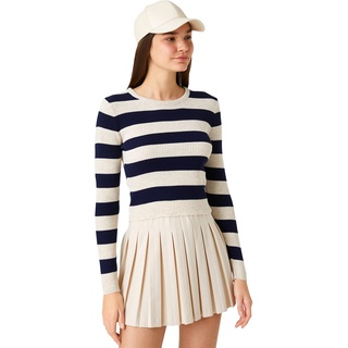 Koton Damen Crop Stripe Crew Neck Long Sleeve Ribbed Pullover Sweater, Navy Stripe (7s0), S EU