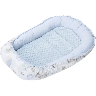 Medi Partners Babynest Kuschelnest Babynestchen 100% Baumwolle Nestchen Reisebett für Babys Säuglinge 100x60x15cm herausnehmbarer Einsatz (Hirsch und Igel mit Hellblau Minky)