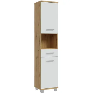 Forte VERIS Badschrank 40, hoher Badezimmerschrank mit 2 Türen, 1 Schublade und 1 offenem Fach, Holzwerkstoff, Weiß mit Artisan Eiche Holzdekor, 40,2 cm breit x 186,8 cm hoch x 34,8 cm tief