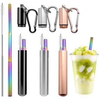 LEOINAER Tragbare Teleskop Metall Strohhalme+3er Set wiederverwendbar+mit Korkenzieherfunktion+inkl. Reinigungsbürste+Schwarz/Silber+10-22,5cm