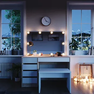 Vicco Schminktisch Sherry Weiß/Sonoma 120 cm mit LED Beleuchtung und Bank, Model 36883 - Weiß, Braun