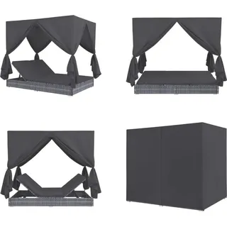vidaXL Outdoor Lounge Bett mit Vorhängen Poly Rattan Grau - Sonnenliege - Sonnenliegen - Liegestuhl - Liegestühle - Grau