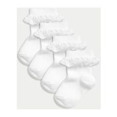M&S Collection Lot de 4paires de chaussettes bébés en coton à motif côtelé et volants (jusqu'au 3ans) - White Mix, White Mix - 2-3Y