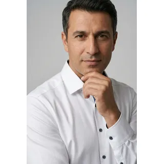 Businesshemd OLYMP "No. Six super slim", Herren, Gr. 43, N-Gr, bunt (weiß, blau, kontrastfarbene details), Web, Obermaterial: 97% Baumwolle, 3% Elastolefin, sehr schmal, eckige 1-Knopf-Manschette verstellbar, Hemden Businesshemd