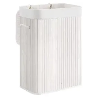 Songmics Wäschekorb mit Deckel, 72 Liter, Wäschesammler aus Bambus, faltbar, Wäschesack weiß