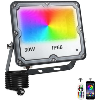 Indmird RGB Strahler 30W RGB LED Strahler Außen mit Bluetooth APP Steuerung IP66 Wasserdich Außenstrahler Smart RGBW Farbwechsel Dimmbar Flutlichtstrahler Stimmungslicht für Garten Party Bühnen